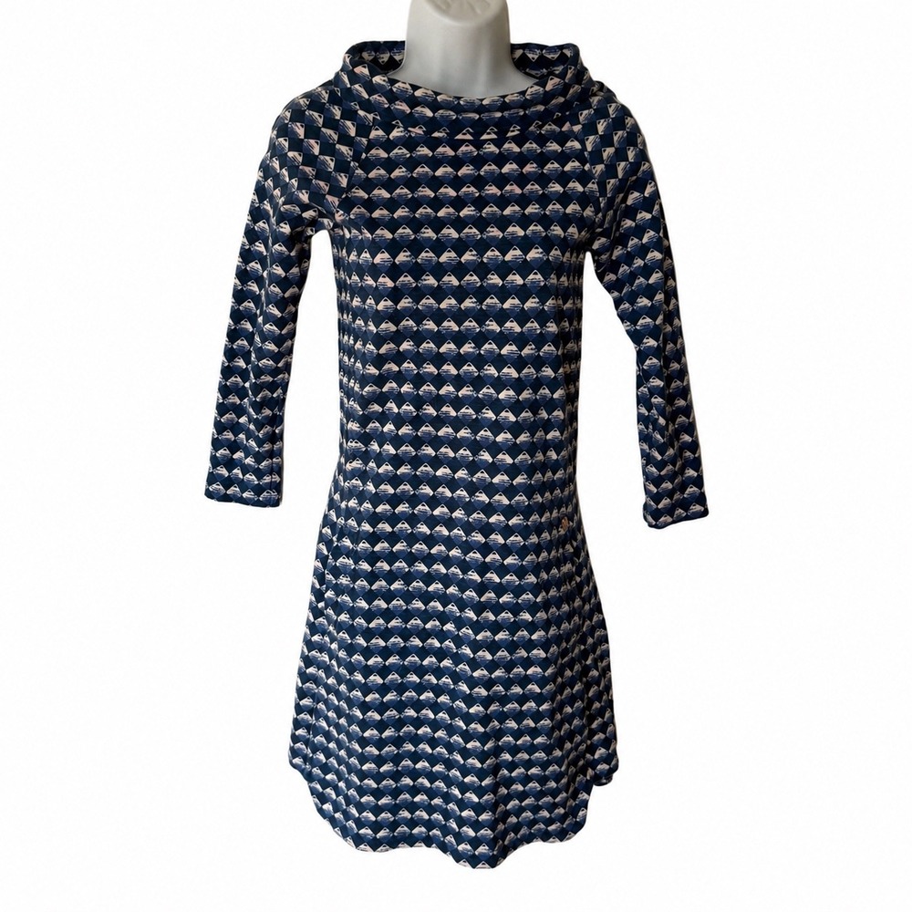 Hatley Blue Geometric Diamond Print Cowl Neck Long Sleeve Shift Dress Pockets XS